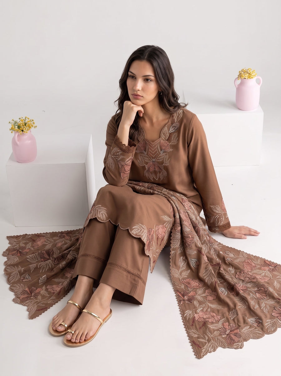 Viana by Sanam Saeed Embroidered Karandi Unstitched 3Pc Suit - MOCHA