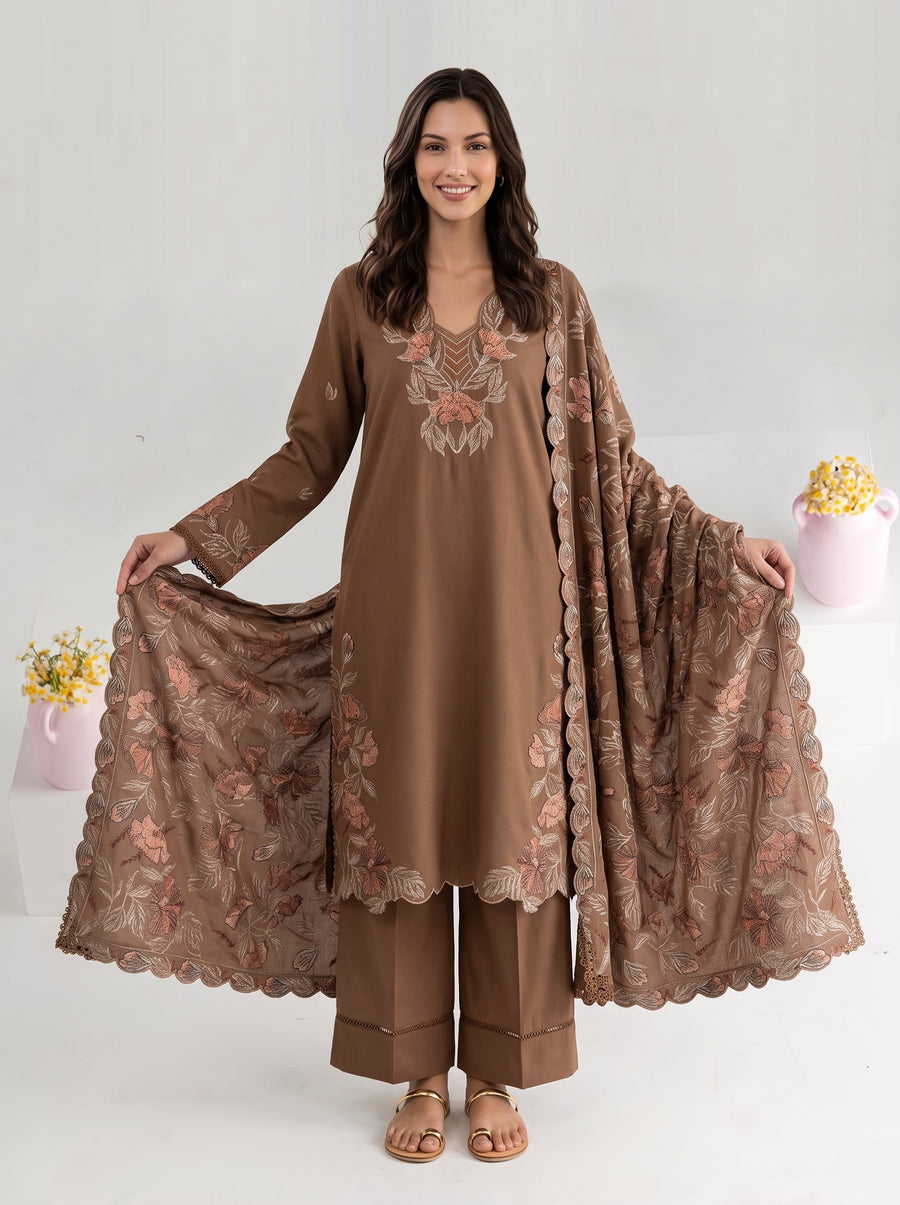 Viana by Sanam Saeed Embroidered Karandi Unstitched 3Pc Suit - MOCHA
