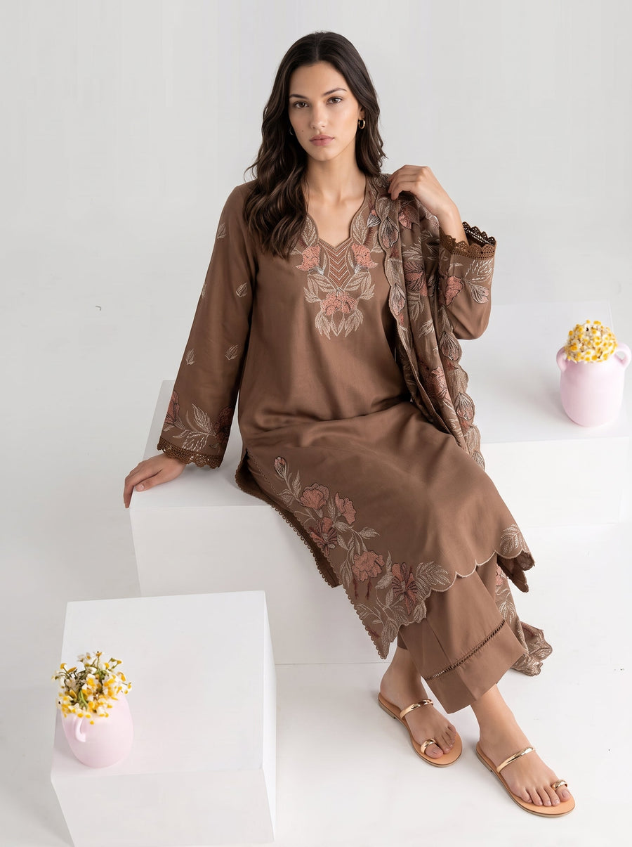 Viana by Sanam Saeed Embroidered Karandi Unstitched 3Pc Suit - MOCHA