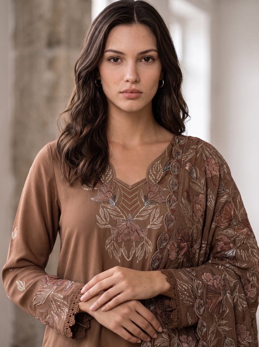Viana by Sanam Saeed Embroidered Karandi Unstitched 3Pc Suit - MOCHA