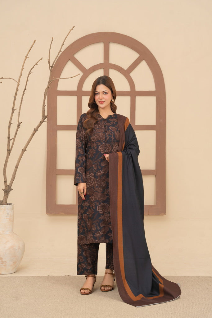 Feathers Digital Printed Dhanak Unstitched 3Pc Suit MOCHA-FT642