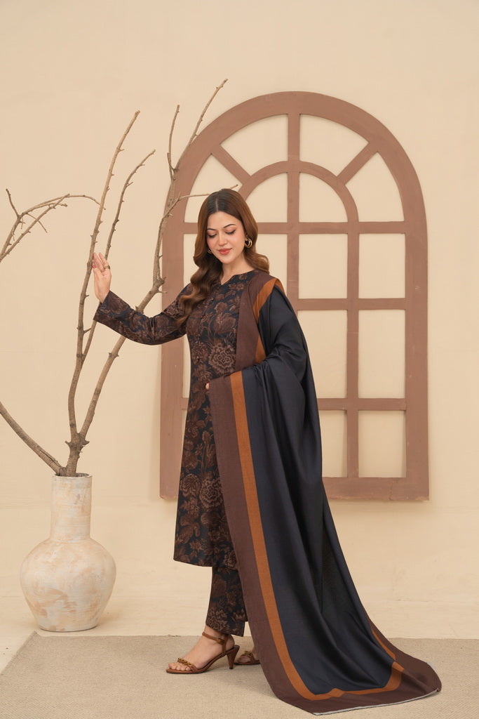 Feathers Digital Printed Dhanak Unstitched 3Pc Suit MOCHA-FT642