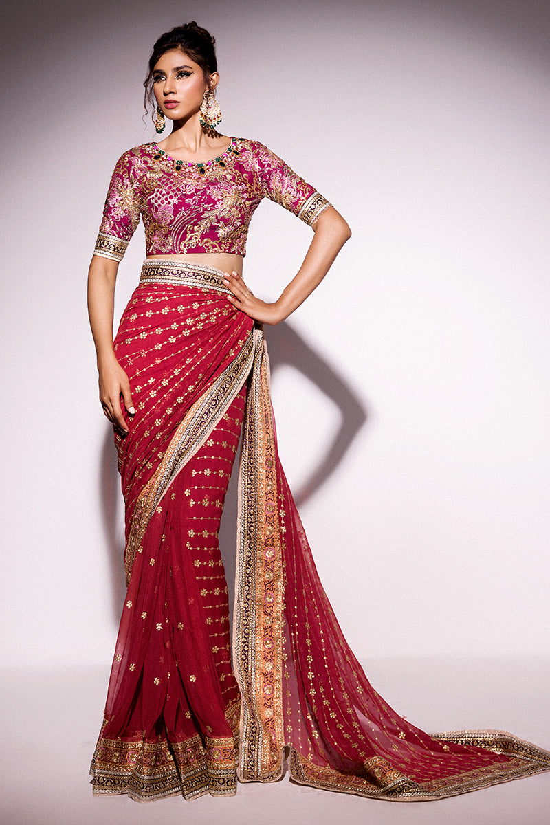 Best of Mushq Embroidered Chiffon Unstitched 3Pc Suit BOM-12 Molten Lava