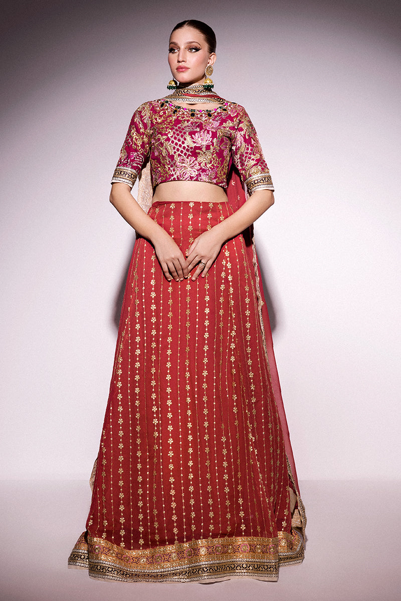 Best of Mushq Embroidered Chiffon Unstitched 3Pc Suit BOM-12 Molten Lava