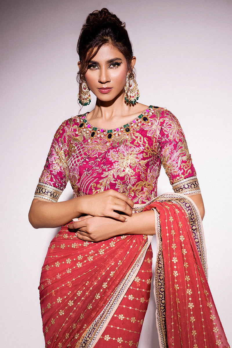 Best of Mushq Embroidered Chiffon Unstitched 3Pc Suit BOM-12 Molten Lava