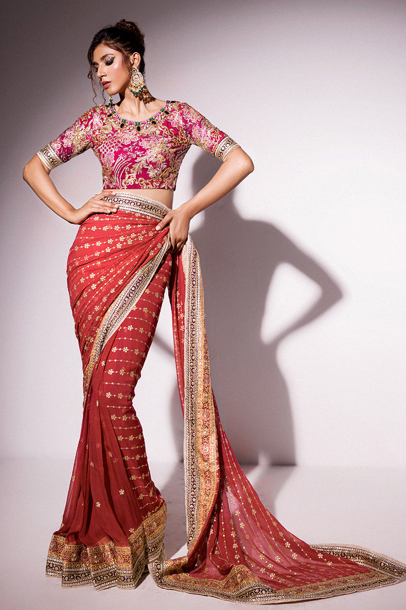 Best of Mushq Embroidered Chiffon Unstitched 3Pc Suit BOM-12 Molten Lava
