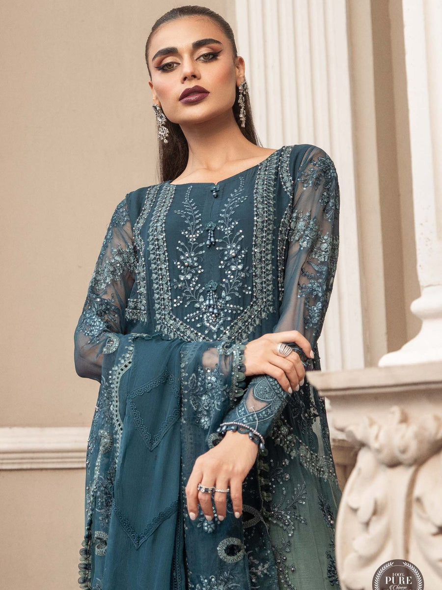 Maria.B Unstitched Chiffon Embroidered Suit MPC-23-102 Teal Blue