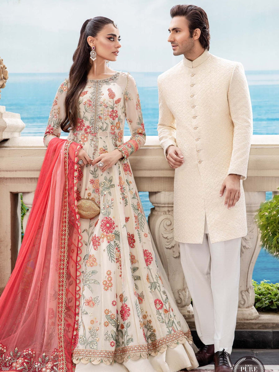 Maria.B Unstitched Chiffon Embroidered Suit MPC-23-106 Cloud White Floral