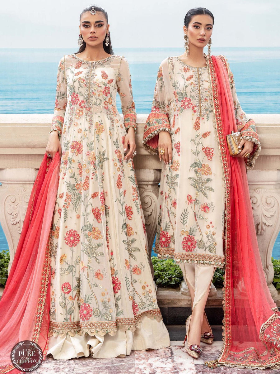 Maria.B Unstitched Chiffon Embroidered Suit MPC-23-106 Cloud White Floral