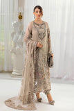 Woman in a beige embroidered outfit By maria b luxury chiffon 2025 collection