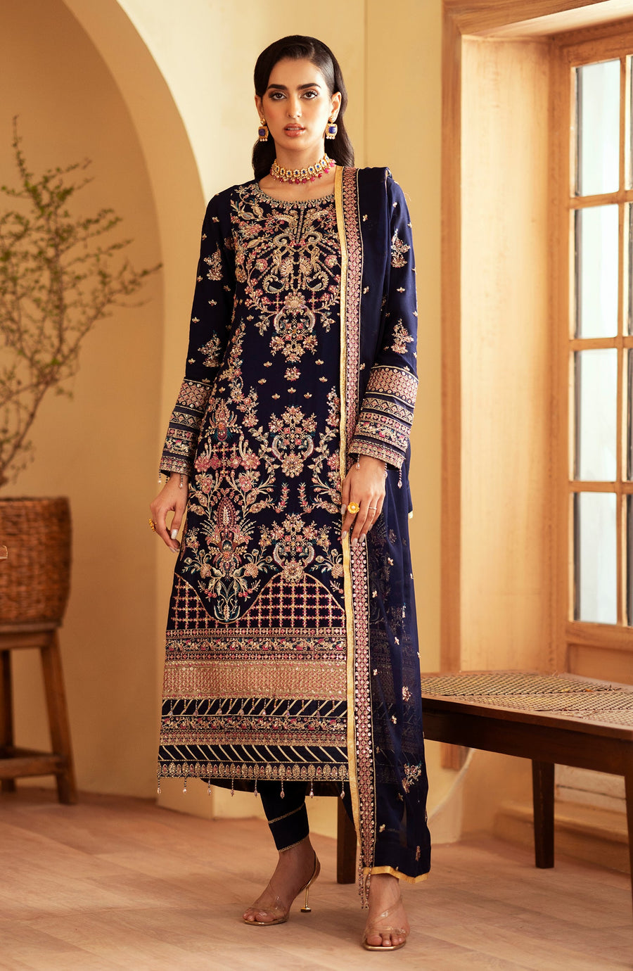 traditional chiffon outfit with embroidered patterns