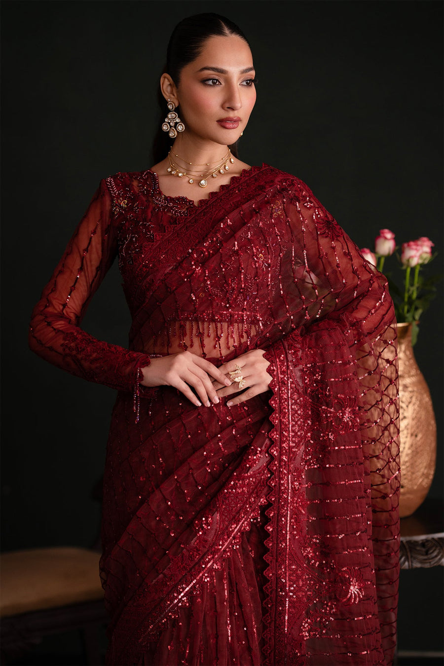 Emaan Adeel Nooresha Embroidered Net Unstitched Saree - Lalish