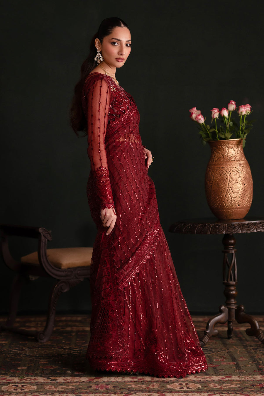 Emaan Adeel Nooresha Embroidered Net Unstitched Saree - Lalish