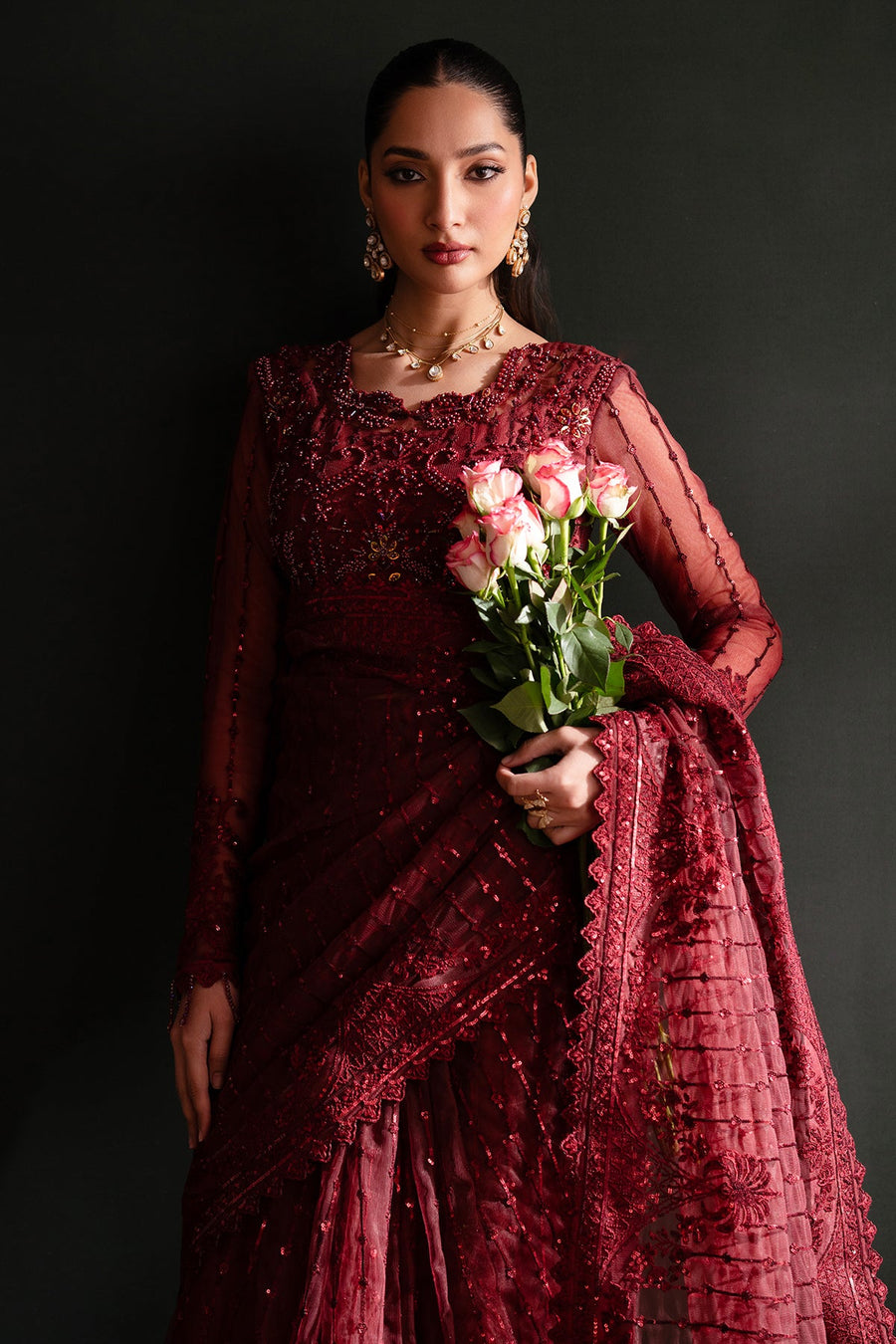 Emaan Adeel Nooresha Embroidered Net Unstitched Saree - Lalish