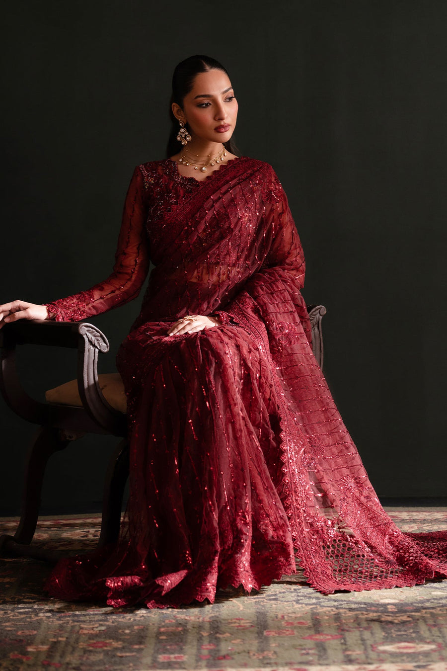 Emaan Adeel Nooresha Embroidered Net Unstitched Saree - Lalish