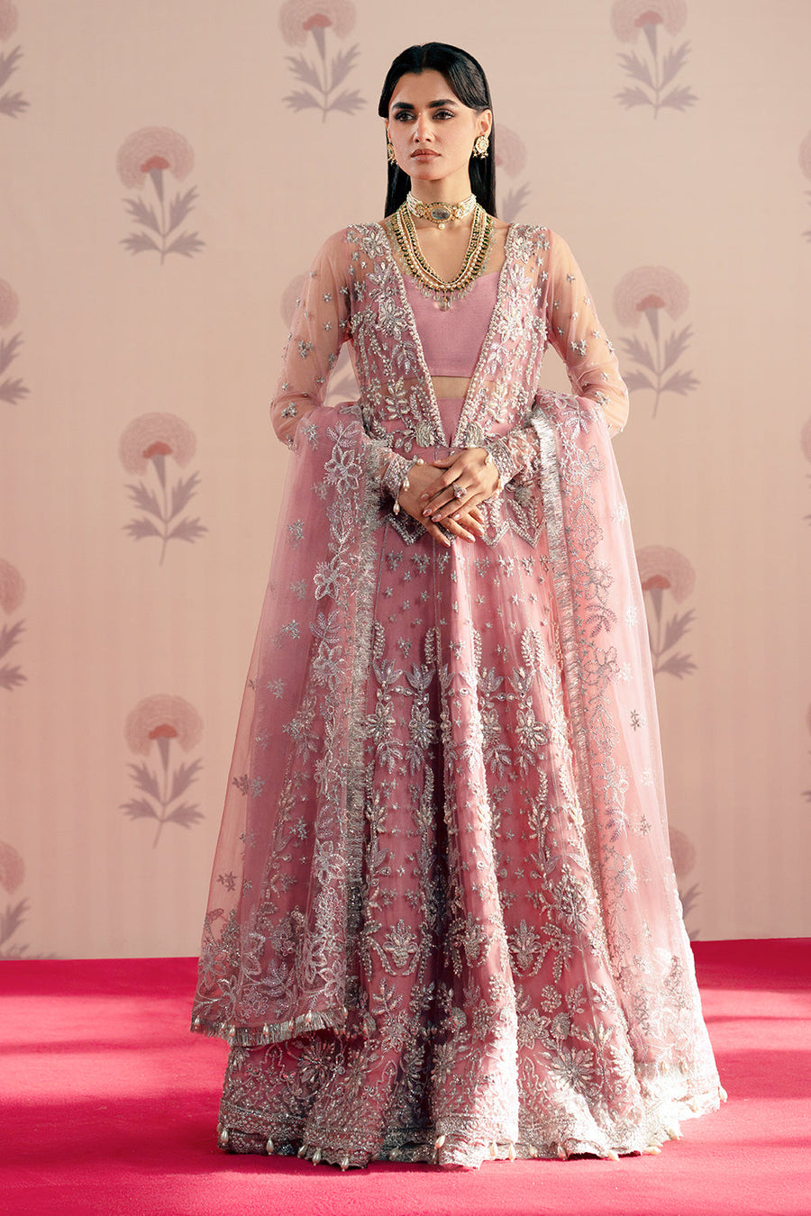 Zarposh Maharani Embroidered Net Unstitched 3Pc Suit - Feroza