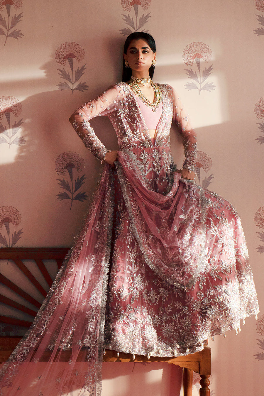 Zarposh Maharani Embroidered Net Unstitched 3Pc Suit - Feroza