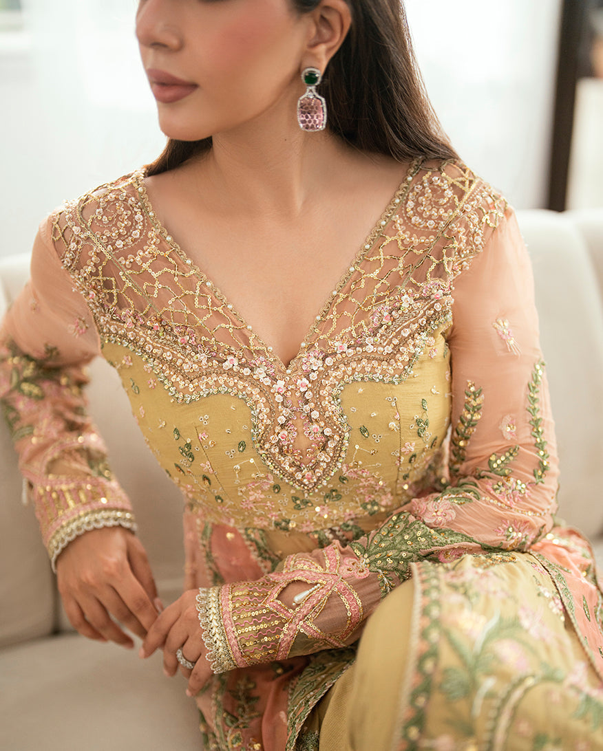 Mushq Sham Shandaar Embroidered Chiffon Unstitched 3Pc Suit - Sur Sunehri