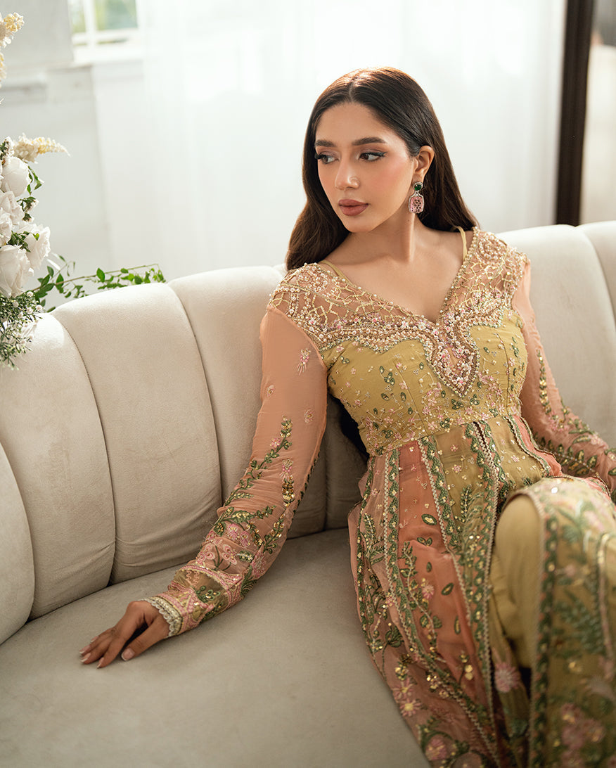 Mushq Sham Shandaar Embroidered Chiffon Unstitched 3Pc Suit - Sur Sunehri