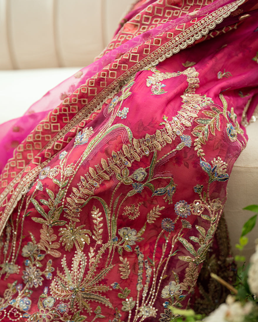 Mushq Sham Shandaar Embroidered Chiffon Unstitched 3Pc Suit - Geet Gulabi