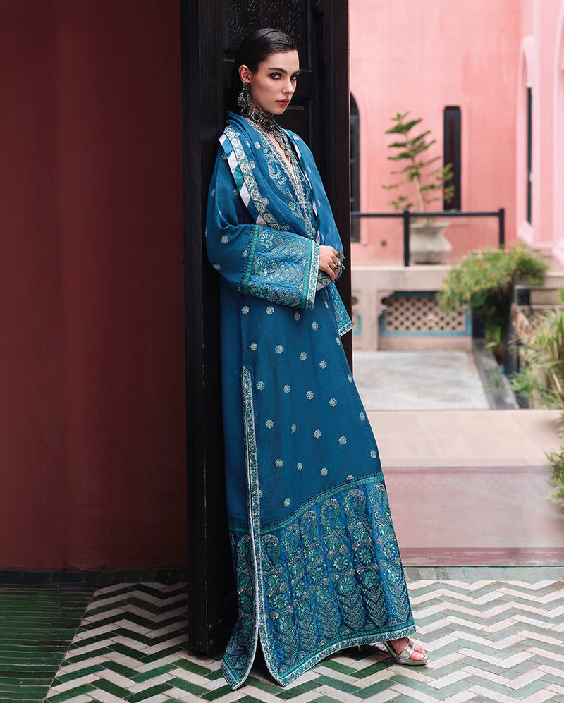 Mushq Nuvera Embroidered Raw Silk Unstitched 3Pc Suit - Rouge Sapphire
