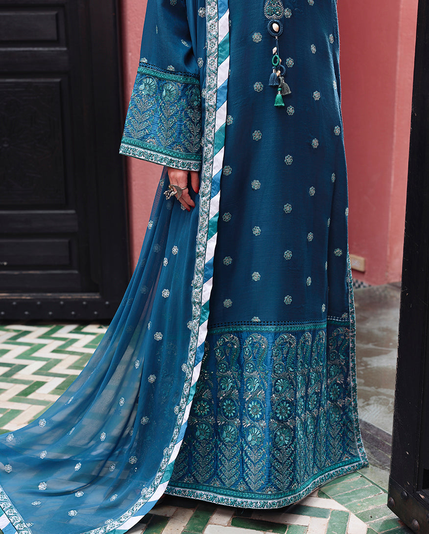 Mushq Nuvera Embroidered Raw Silk Unstitched 3Pc Suit - Rouge Sapphire