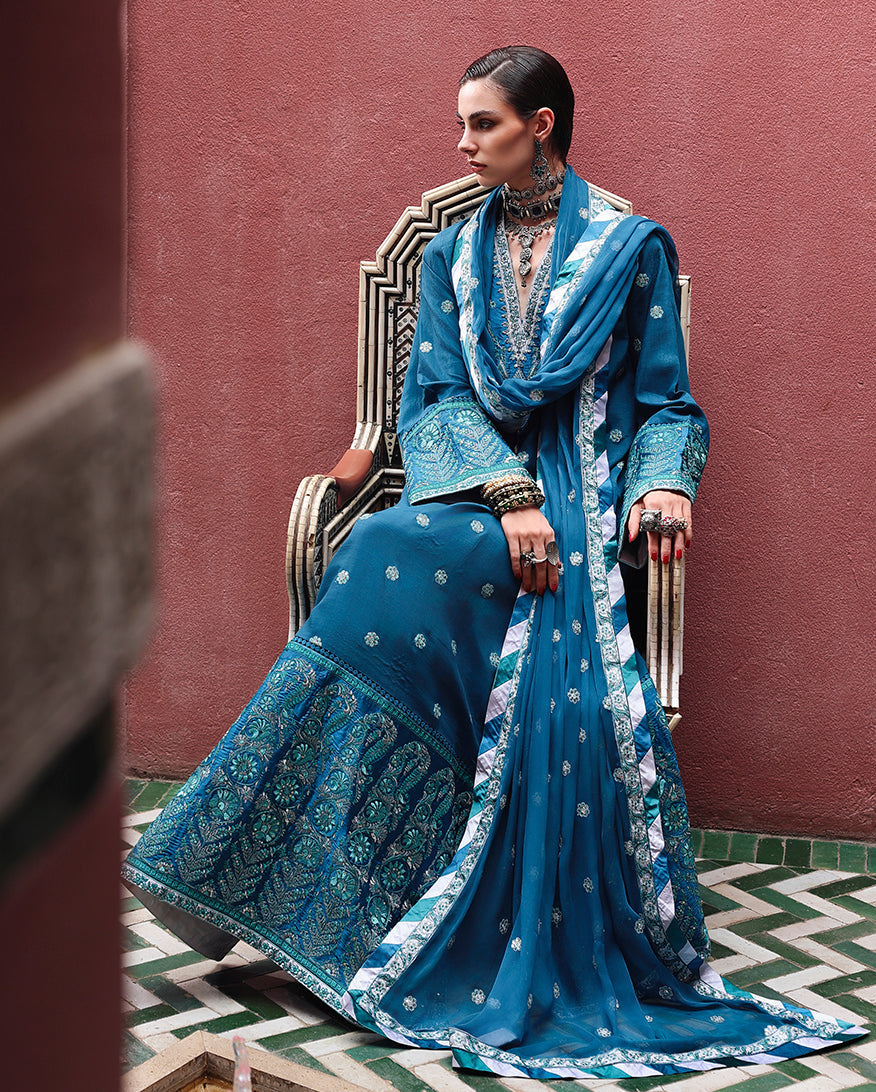 Mushq Nuvera Embroidered Raw Silk Unstitched 3Pc Suit - Rouge Sapphire