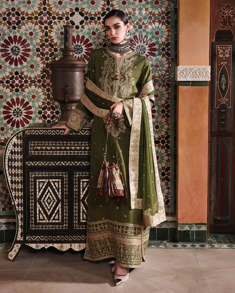Mushq Nuvera Embroidered Raw Silk Unstitched 3Pc Suit - Celestia Crown