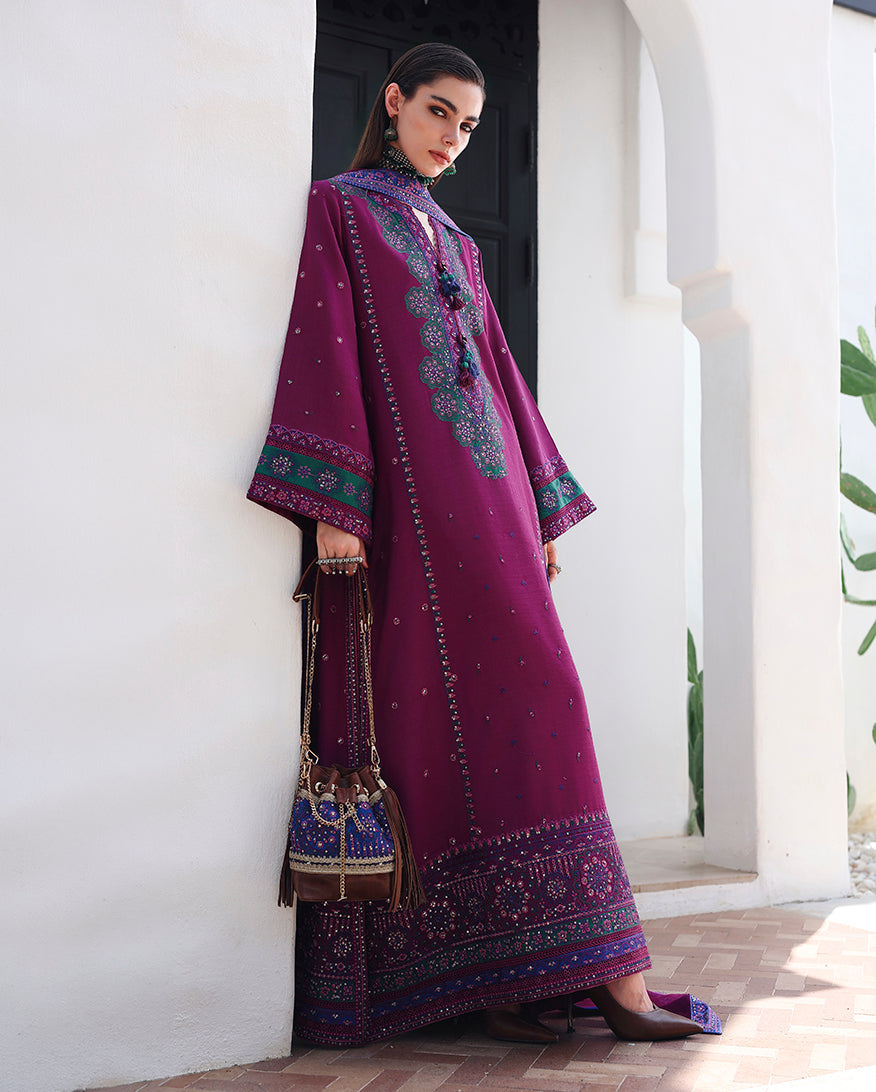 Mushq Nuvera Embroidered Raw Silk Unstitched 3Pc Suit - Reina Rouge