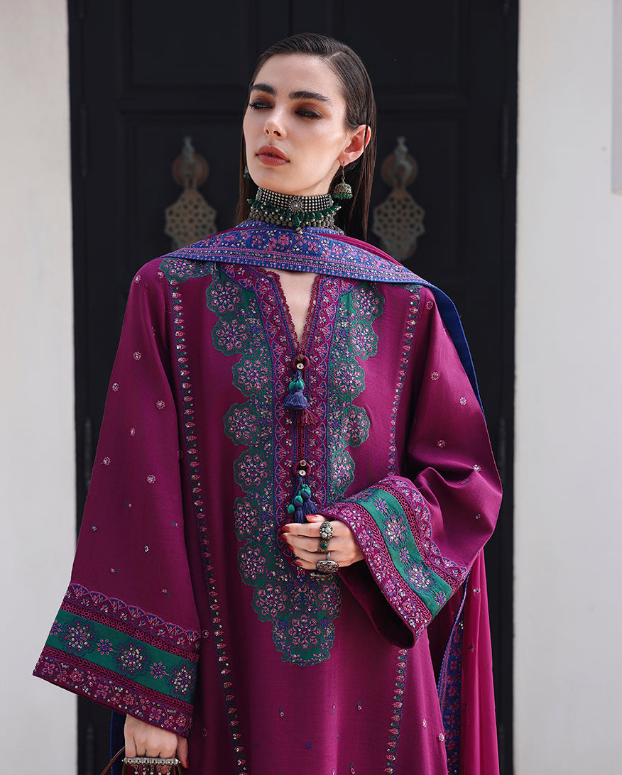Mushq Nuvera Embroidered Raw Silk Unstitched 3Pc Suit - Reina Rouge
