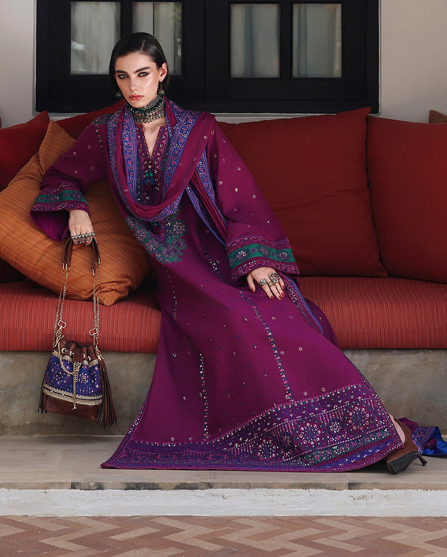 Mushq Nuvera Embroidered Raw Silk Unstitched 3Pc Suit - Reina Rouge