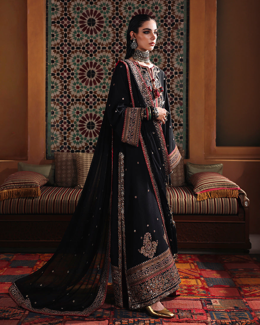 Mushq Nuvera Embroidered Raw Silk Unstitched 3Pc Suit - Carmine Jewel