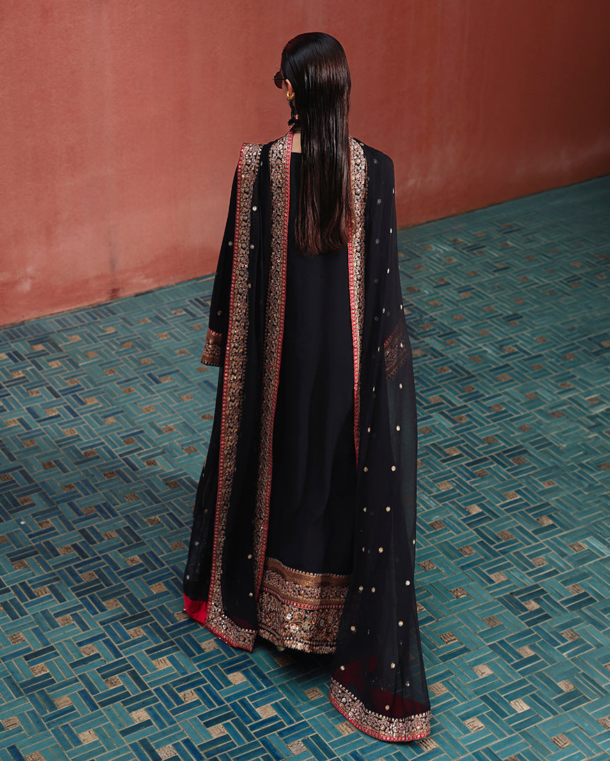 Mushq Nuvera Embroidered Raw Silk Unstitched 3Pc Suit - Carmine Jewel
