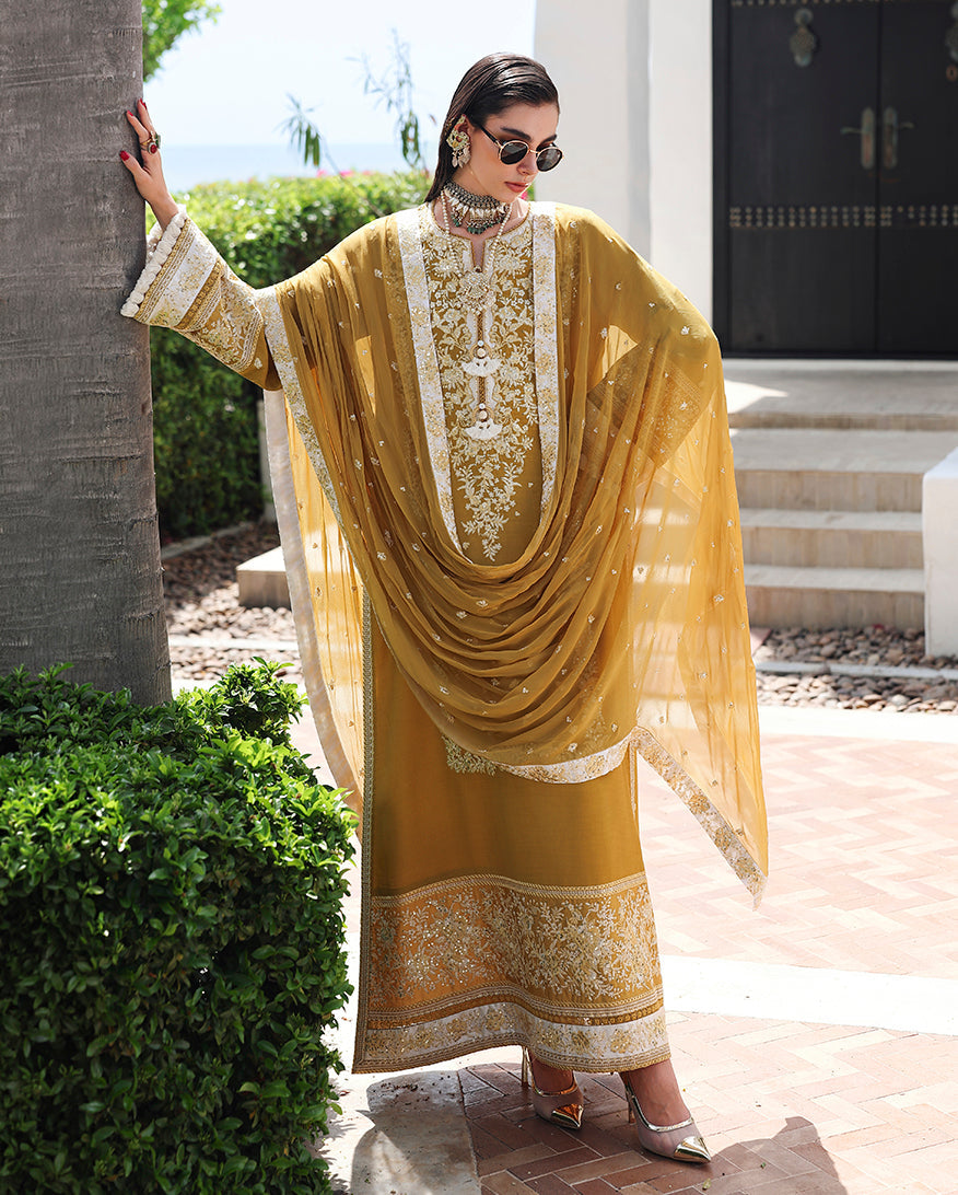 Mushq Nuvera Embroidered Raw Silk Unstitched 3Pc Suit - Rosalie Crown