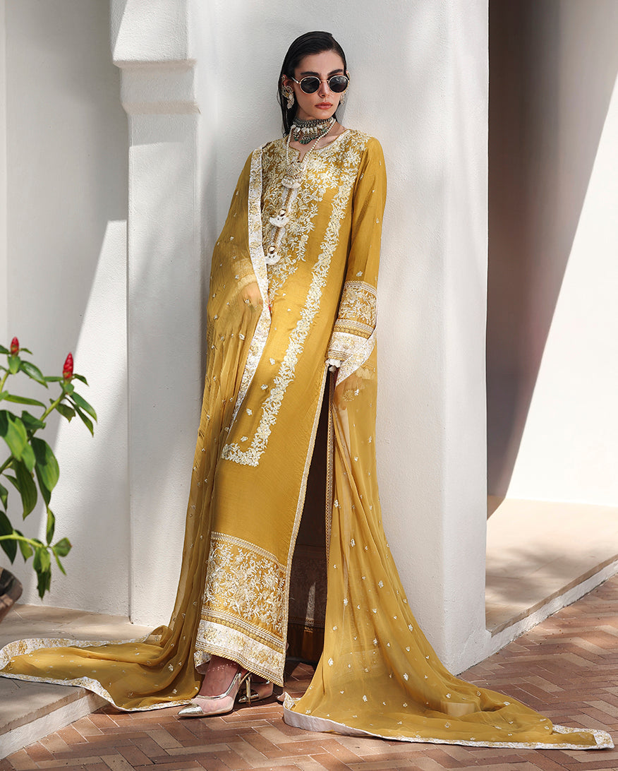 Mushq Nuvera Embroidered Raw Silk Unstitched 3Pc Suit - Rosalie Crown
