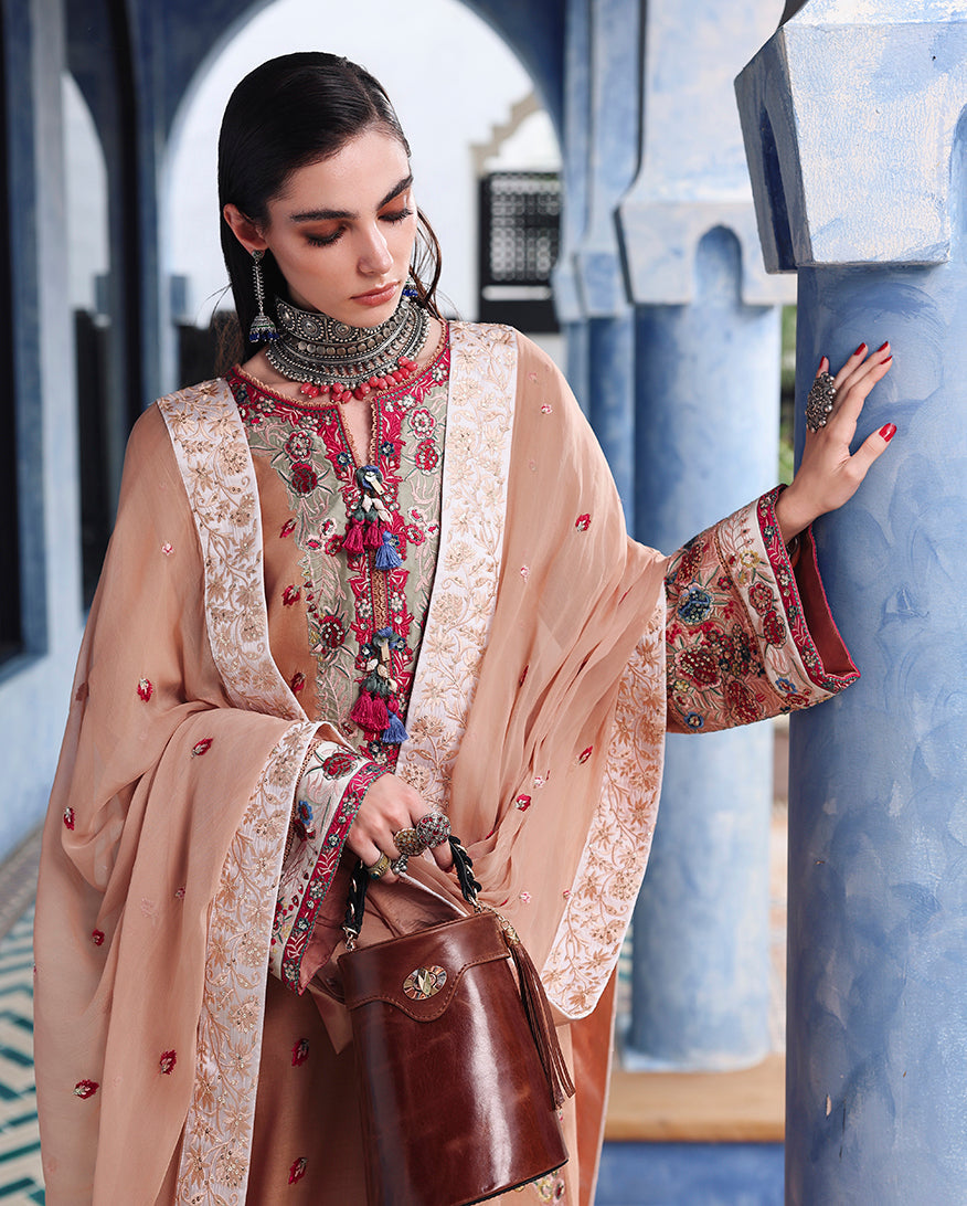 Mushq Nuvera Embroidered Raw Silk Unstitched 3Pc Suit - Belladona Royale