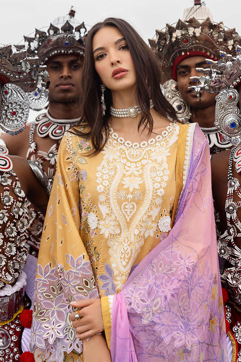 Mushq Manaram Embroidered Lawn Unstitched 3Pc Suit - Gold Glow