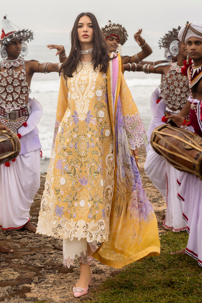 Mushq Manaram Embroidered Lawn Unstitched 3Pc Suit - Gold Glow