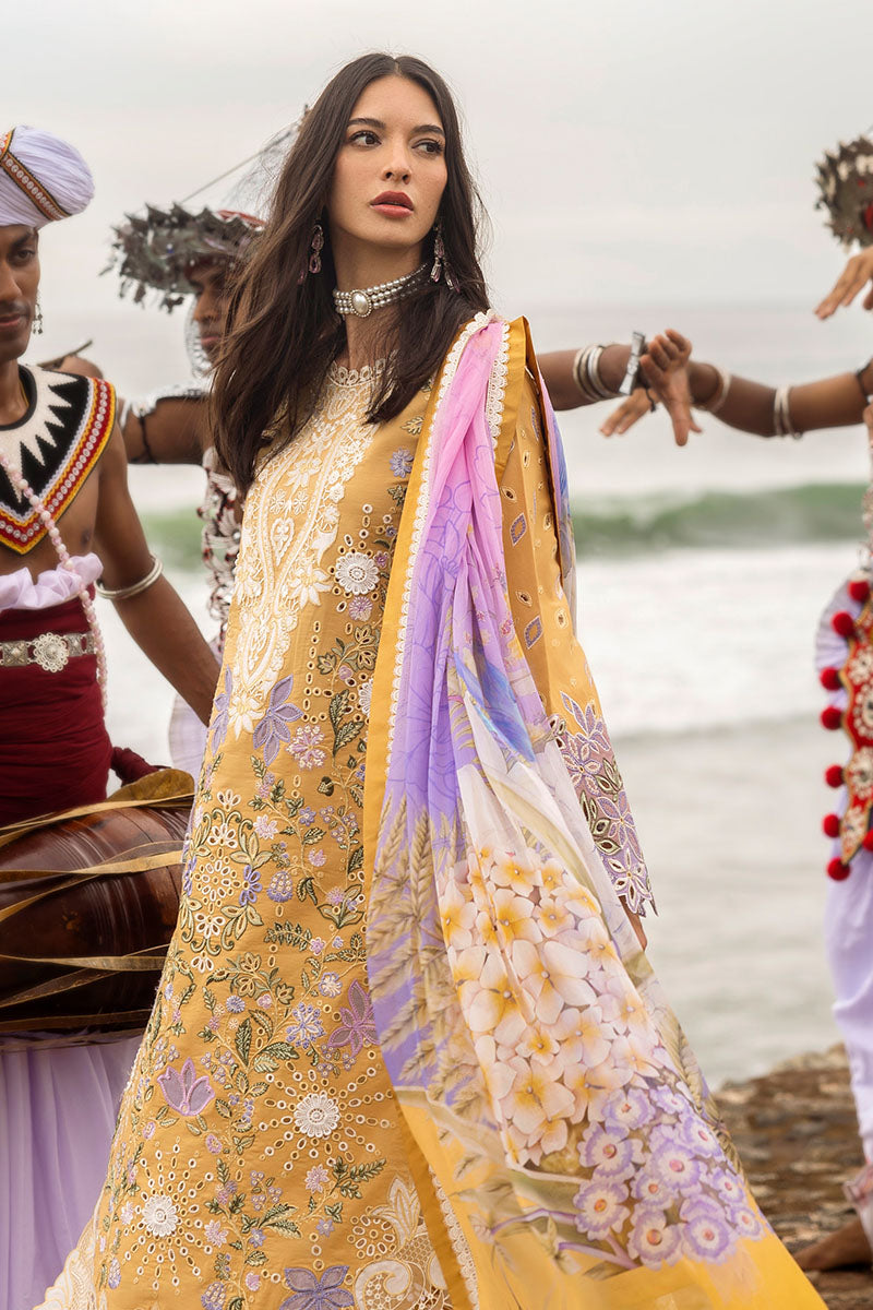 Mushq Manaram Embroidered Lawn Unstitched 3Pc Suit - Gold Glow