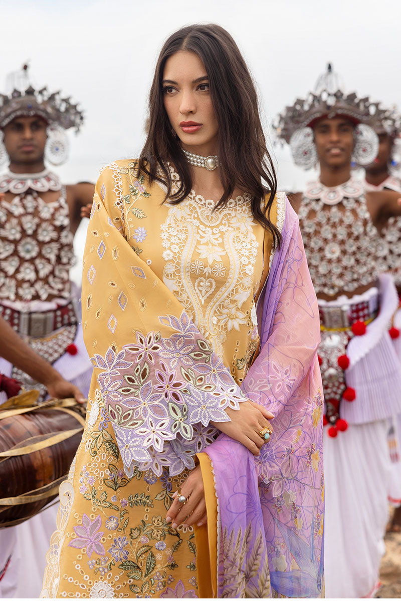 Mushq Manaram Embroidered Lawn Unstitched 3Pc Suit - Gold Glow