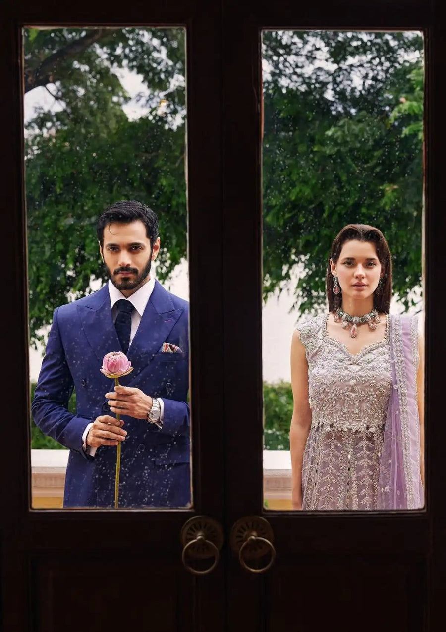 Mushq Stardust Embroidered Net Unstitched 3Pc Suit MN23-06 Selenic