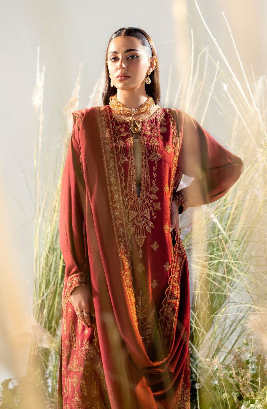 Maryum N Maria Sheharbano Unstitched Peach Leather 3Pc Suit - MW23558
