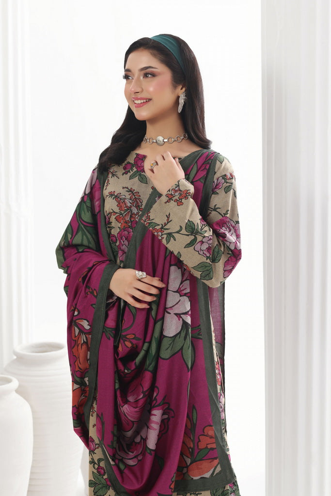 Feathers Digital Printed Dhanak Unstitched 3Pc Suit Magenta Manor-FT783