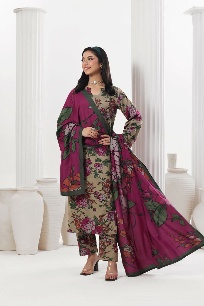 Feathers Digital Printed Dhanak Unstitched 3Pc Suit Magenta Manor-FT783