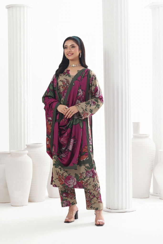 Feathers Digital Printed Dhanak Unstitched 3Pc Suit Magenta Manor-FT783