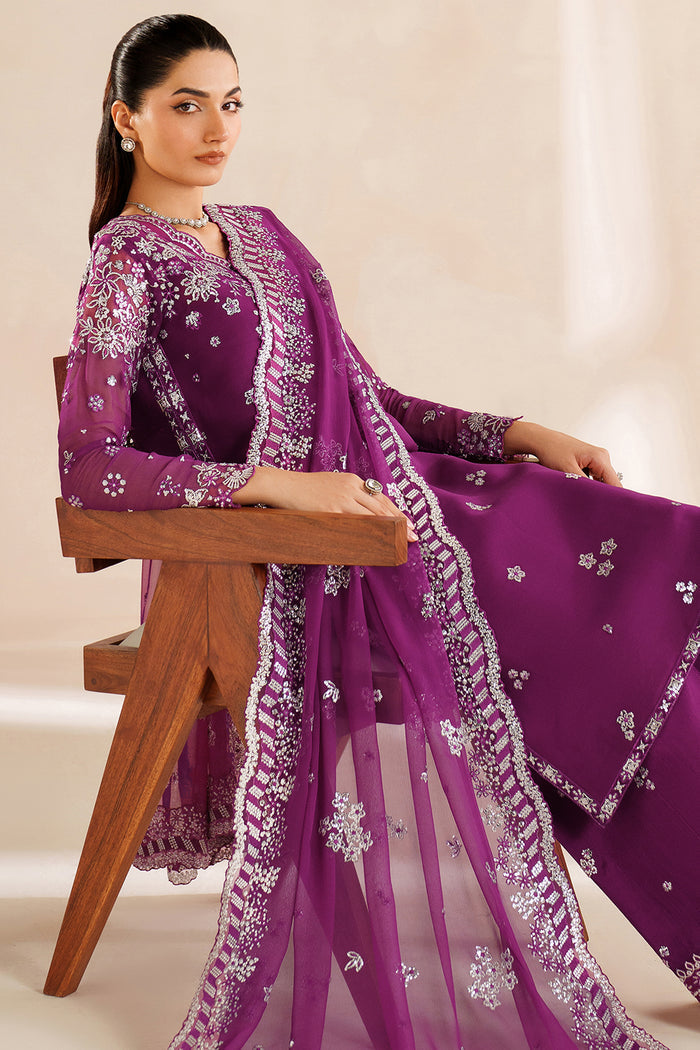 Farasha Luxury Embroidered Chiffon Unstitched 3Pc Suit - Magenta Rose