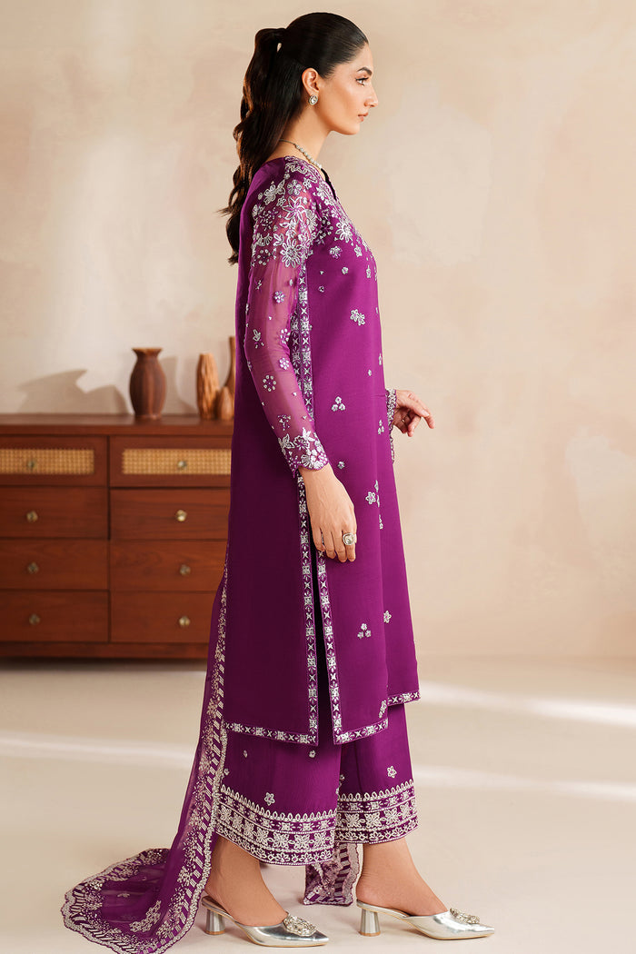 Farasha Luxury Embroidered Chiffon Unstitched 3Pc Suit - Magenta Rose