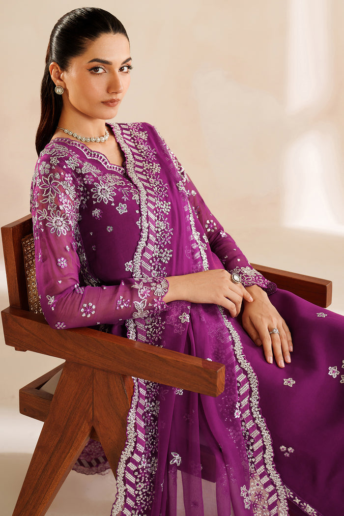 Farasha Luxury Embroidered Chiffon Unstitched 3Pc Suit - Magenta Rose