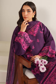 Farasha Summer Weaves Embroidered Lawn Unstitched 3Pc Suit - Magenta Silk