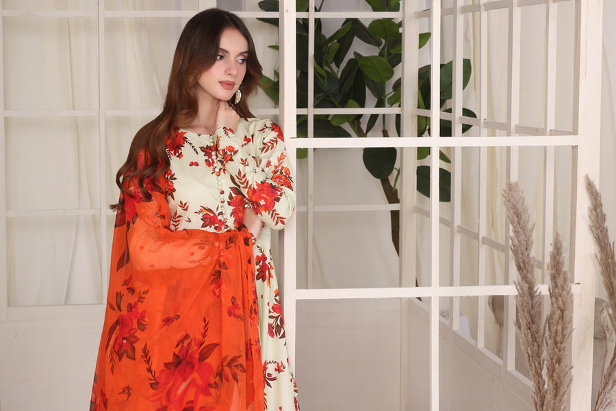 Feathers Premium Whisper of Elan Unstitched Lawn 3Pc Suit Magma Mist-FT681